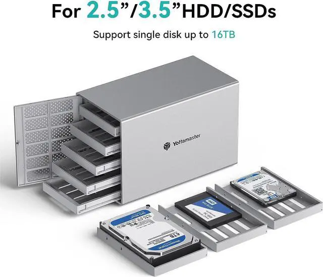 Alt view image 5 of 7 - Yottamaster 5 Bay 2.5 & 3.5 Inch SATA Hard Drive Enclosure, 6Gbps USB C HDD/SSD Enclosure with Fan, Up to 80TB(5x16TB) Direct Attached Storage (DAS) for Data Backup NAS Expansion [PS500C3]