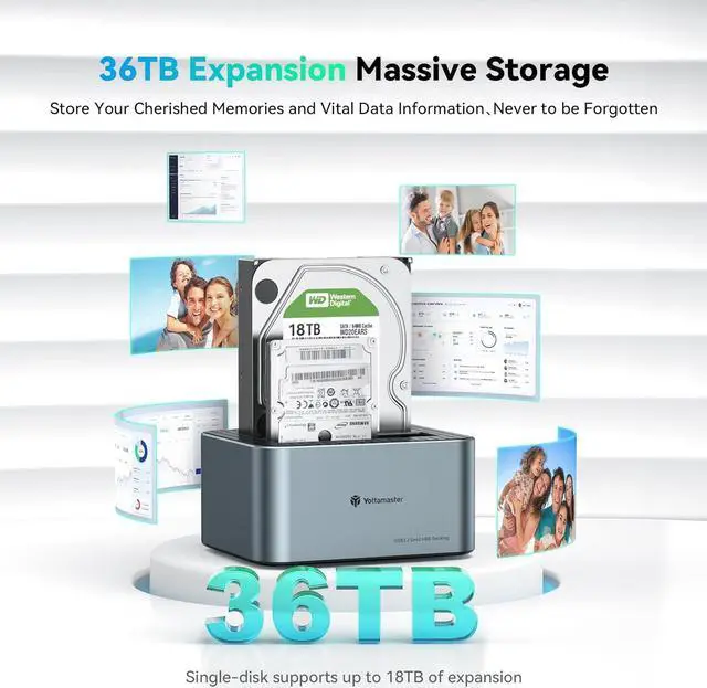 Alt view image 5 of 7 - Yottamaster Dual Bay Docking Station, Hard Drive Dock 10Gbps USB C for 2.5" & 3.5" SATA HDD/SSD, Support 2x18TB Drives, Suitable for PC/Smart TV/Smart Router - No Offline Cloning [KB200]