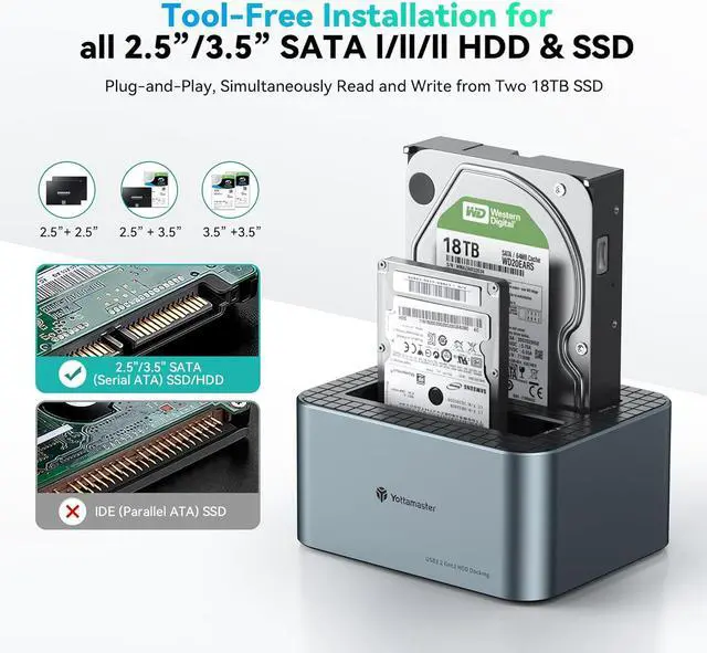 Alt view image 6 of 7 - Yottamaster Dual Bay Docking Station, Hard Drive Dock 10Gbps USB C for 2.5" & 3.5" SATA HDD/SSD, Support 2x18TB Drives, Suitable for PC/Smart TV/Smart Router - No Offline Cloning [KB200]