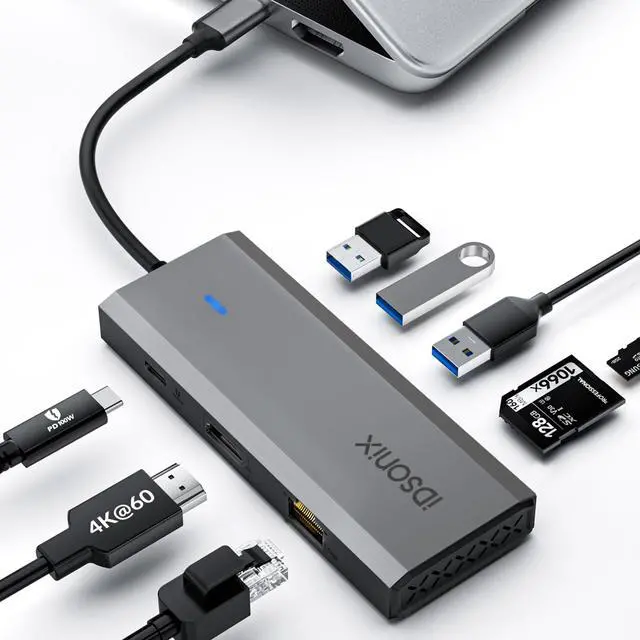 Main image of USB C Hub, iDsonix 8 in 1 USB C Hub Aluminium Multiport Adapter, USB C Docking Station with HDMI 4K@60Hz, PD 100W, 1Gigabit Ethernet, SD/TF Card Reader for MacBook Air/Pro iPad Dell/Hp Laptop Grey