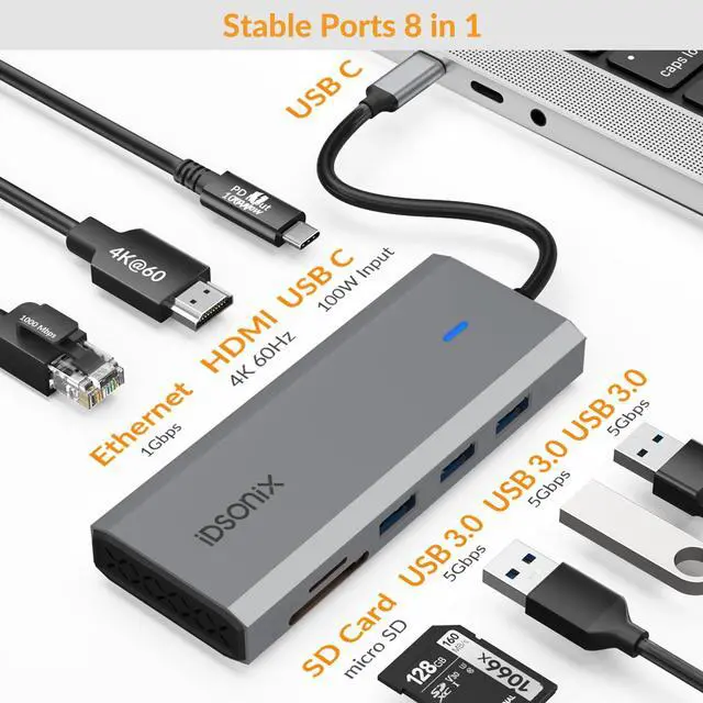 Alt view image 2 of 7 - USB C Hub, iDsonix 8 in 1 USB C Hub Aluminium Multiport Adapter, USB C Docking Station with HDMI 4K@60Hz, PD 100W, 1Gigabit Ethernet, SD/TF Card Reader for MacBook Air/Pro iPad Dell/Hp Laptop Grey