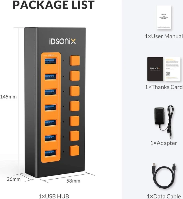 Alt view image 5 of 7 - IDSONIX Powered USB 3.0 Hub, 7-Port Powered USB Hub 3.0 with Individual Switch, Fast Charging USB 3.0 Hub Expander Compatible with All USB Devices Laptops Desktops BC1.2 12V 4A Power Adapter