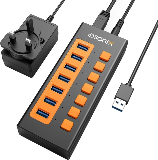 Main image of IDSONIX Powered USB 3.0 Hub, 7-Port Powered USB Hub 3.0 with Individual Switch, Fast Charging USB 3.0 Hub Expander Compatible with All USB Devices Laptops Desktops BC1.2 12V 4A Power Adapter