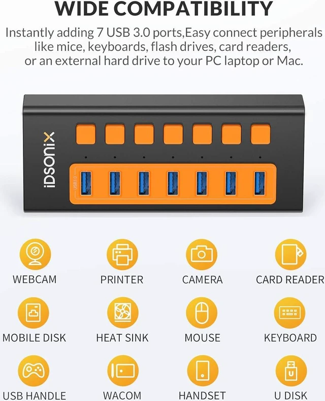 Alt view image 3 of 7 - IDSONIX Powered USB 3.0 Hub, 7-Port Powered USB Hub 3.0 with Individual Switch, Fast Charging USB 3.0 Hub Expander Compatible with All USB Devices Laptops Desktops BC1.2 12V 4A Power Adapter