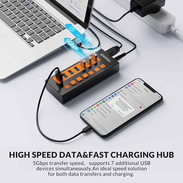 Alt view image 4 of 7 - IDSONIX Powered USB 3.0 Hub, 7-Port Powered USB Hub 3.0 with Individual Switch, Fast Charging USB 3.0 Hub Expander Compatible with All USB Devices Laptops Desktops BC1.2 12V 4A Power Adapter