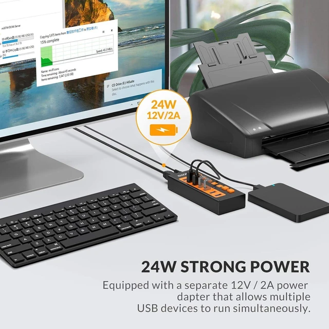 Alt view image 2 of 7 - IDSONIX Powered USB 3.0 Hub, 7-Port Powered USB Hub 3.0 with Individual Switch, Fast Charging USB 3.0 Hub Expander Compatible with All USB Devices Laptops Desktops BC1.2 12V 4A Power Adapter