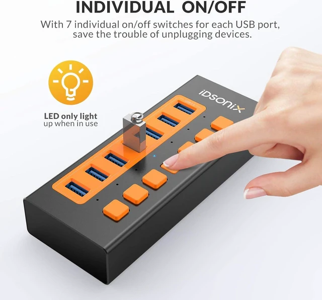 Alt view image 7 of 7 - IDSONIX Powered USB 3.0 Hub, 7-Port Powered USB Hub 3.0 with Individual Switch, Fast Charging USB 3.0 Hub Expander Compatible with All USB Devices Laptops Desktops BC1.2 12V 4A Power Adapter