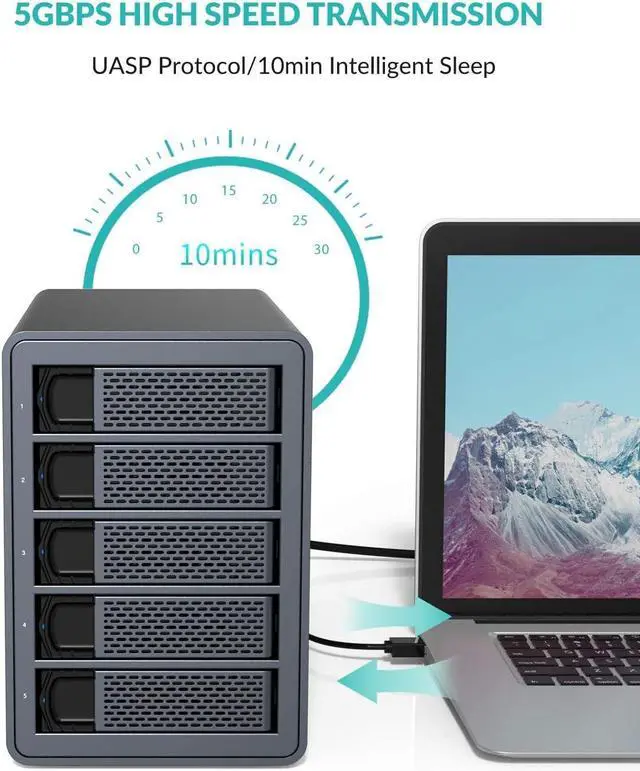 Alt view image 2 of 14 - Yottamaster 5 Bay Hard Drive Enclosure, Aluminum USB3.0 3.5" HDD Enclosure for 3.5/2.5 Inch SATA HDD Support 90TB (5 x 18TB), Non-RAID Direct Attached Storage (DAS) with Fan & 150W Power- [FS5U3]