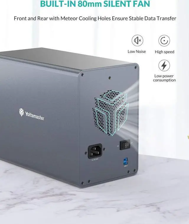 Alt view image 4 of 14 - Yottamaster 5 Bay Hard Drive Enclosure, Aluminum USB3.0 3.5" HDD Enclosure for 3.5/2.5 Inch SATA HDD Support 90TB (5 x 18TB), Non-RAID Direct Attached Storage (DAS) with Fan & 150W Power- [FS5U3]