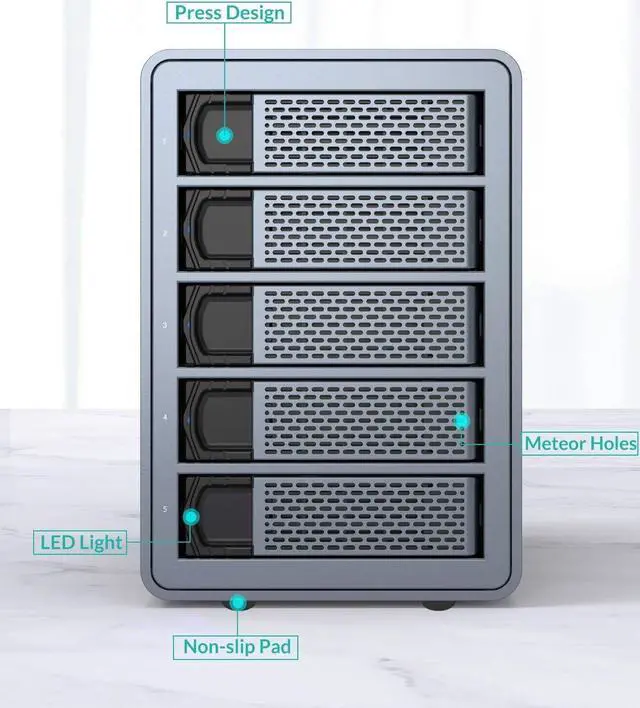 Alt view image 7 of 14 - Yottamaster 5 Bay Hard Drive Enclosure, Aluminum USB3.0 3.5" HDD Enclosure for 3.5/2.5 Inch SATA HDD Support 90TB (5 x 18TB), Non-RAID Direct Attached Storage (DAS) with Fan & 150W Power- [FS5U3]
