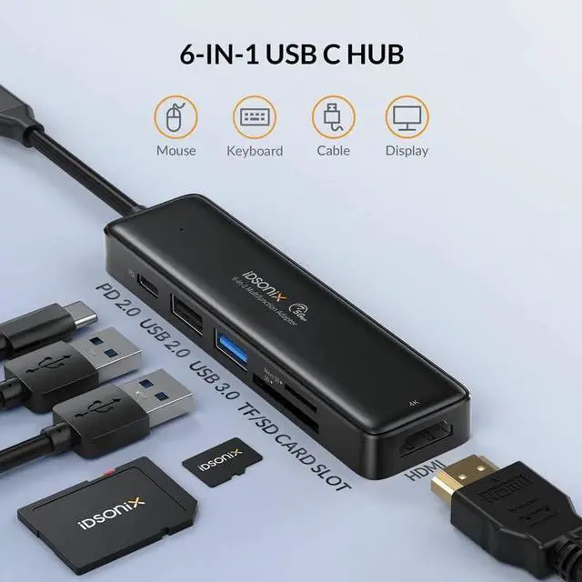 Alt view image 2 of 7 - USB C HUB, iDsonix USB-C Multiport USB Hub 6-in-1 with 4K HDMI, 55W Power Delivery, USB 3.0 Data Port for MacBook Pro/Air Surface Pro, Flash Drive, Mobile HDD and More(6P)