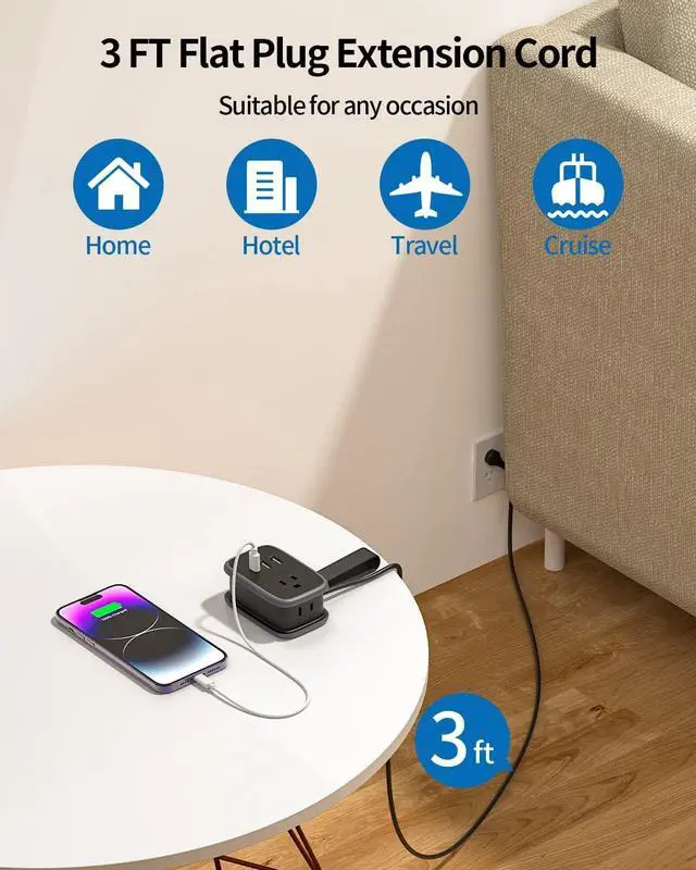 Alt view image 3 of 4 - NTONPOWER Travel Power Strip with USB Ports, Portable Small Power Strip with 3FT Wrapped Flat Plug Extension Cord, 2 Outlets 3 USB Ports, Non Surge Protector for Cruise Ship Hotel Black