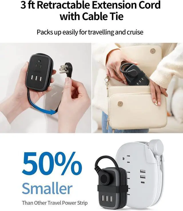 Alt view image 3 of 7 - 2 Pack Travel Power Strip, NTONPOWER Portable Flat Plug Power Strip with 2 Outlets 3 USB Ports, Wrapped Extension Cord 3 ft, Cruise Approved, Compact Size for Home Office Hotel, Travel Essentials