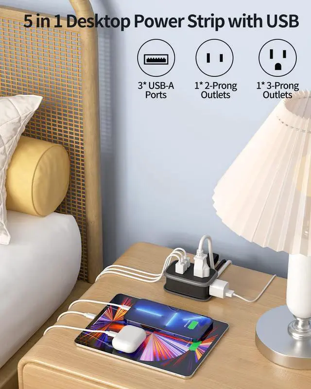 Alt view image 4 of 7 - 2 Pack Travel Power Strip, NTONPOWER Portable Flat Plug Power Strip with 2 Outlets 3 USB Ports, Wrapped Extension Cord 3 ft, Cruise Approved, Compact Size for Home Office Hotel, Travel Essentials