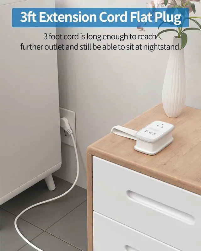 Alt view image 6 of 7 - Travel Power Strip with USB 2 Pack, NTONPOWER 2 Widely Outlets 3 USB with 3Ft Short Extension Cord Flat Plug, Small Portable Desktop Charging Station for Cruise Ship Home Office Accessories, White