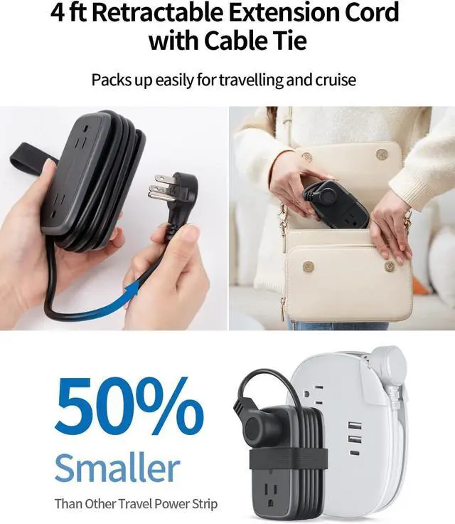 Alt view image 3 of 7 - Travel Power Strip with USB C Port, NTONPOWER By iDsonix Flat Plug Extension Cord with 4 Outlets 3 USB (1 USB C) for Cruise Ship Essentials, 4ft Wrapped Short Extension Cord for Hotel Dorm Room