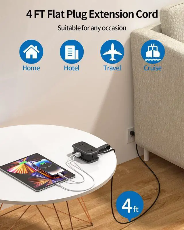 Alt view image 5 of 7 - Travel Power Strip with USB C Port, NTONPOWER By iDsonix Flat Plug Extension Cord with 4 Outlets 3 USB (1 USB C) for Cruise Ship Essentials, 4ft Wrapped Short Extension Cord for Hotel Dorm Room