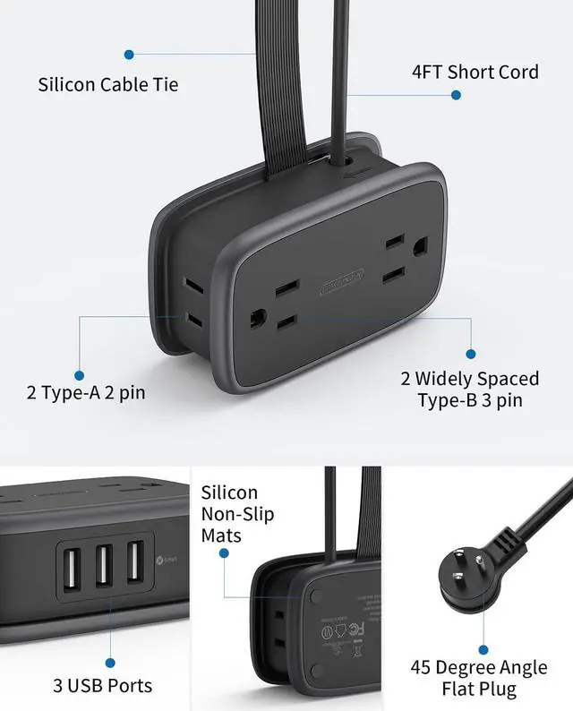 Main image of 2 Pack Travel Power Strip with USB Ports, NTONPOWER 4ft Flat Plug Wrapped Around Short Extension Cord with 4 Outlets 3 USB Ports, Compact for Cruise Travel Essential Hotel Home Office, Black
