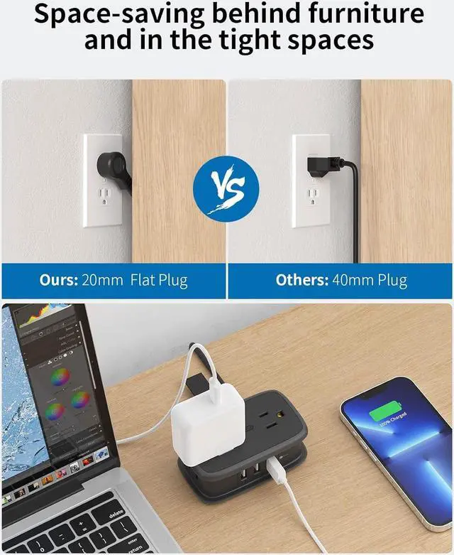 Alt view image 3 of 6 - 2 Pack Travel Power Strip with USB Ports, NTONPOWER 4ft Flat Plug Wrapped Around Short Extension Cord with 4 Outlets 3 USB Ports, Compact for Cruise Travel Essential Hotel Home Office, Black