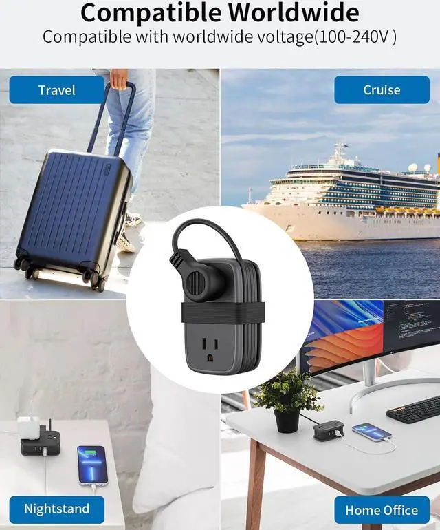 Alt view image 6 of 6 - 2 Pack Travel Power Strip with USB Ports, NTONPOWER 4ft Flat Plug Wrapped Around Short Extension Cord with 4 Outlets 3 USB Ports, Compact for Cruise Travel Essential Hotel Home Office, Black