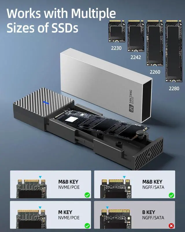 Alt view image 5 of 7 - SAN ZANG BY iDsonix Aluminum M.2 NVMe SSD Enclosure, Tool-Free 10Gbps USB C Adapter, USB 3.2 M.2 NVMe Reader, External SSD Case Thunderbolt 3 Compatible, Supports 4TB 2230/2242/2260/2280 PCIe M-Key