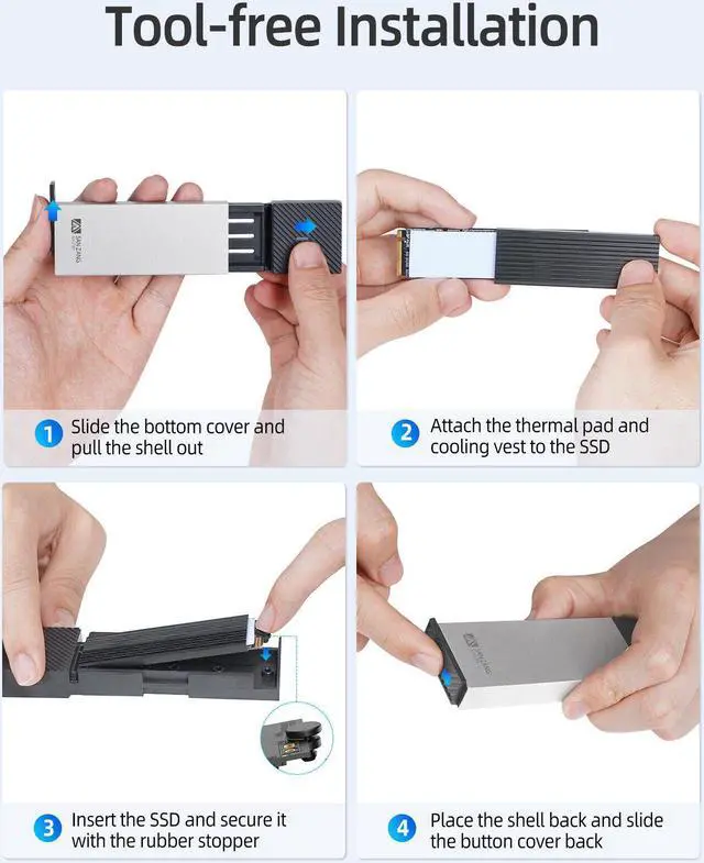 Alt view image 7 of 7 - SAN ZANG BY iDsonix Aluminum M.2 NVMe SSD Enclosure, Tool-Free 10Gbps USB C Adapter, USB 3.2 M.2 NVMe Reader, External SSD Case Thunderbolt 3 Compatible, Supports 4TB 2230/2242/2260/2280 PCIe M-Key