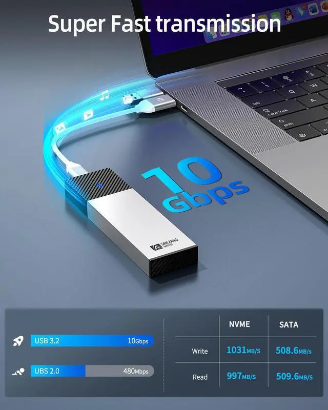 Alt view image 3 of 7 - SAN ZANG BY iDsonix Aluminum M.2 NVMe SSD Enclosure, Tool-Free 10Gbps USB C Adapter, USB 3.2 M.2 NVMe Reader, External SSD Case Thunderbolt 3 Compatible, Supports 4TB 2230/2242/2260/2280 PCIe M-Key