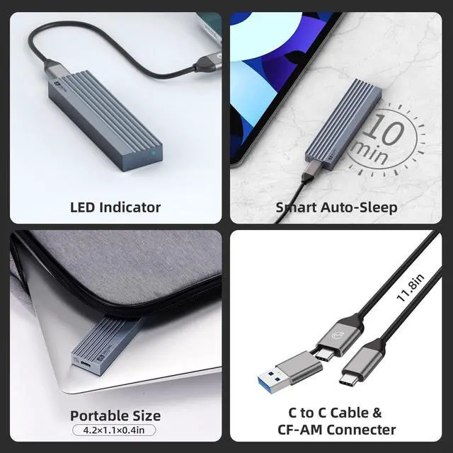 Alt view image 6 of 7 - SANZANG BY IDSONIX Aluminum M.2 NVMe SSD Enclosure External Hard Drive Case USB 3.1 Gen 2 10 Gbps High Transmission 4TB UASP&Trim Gray