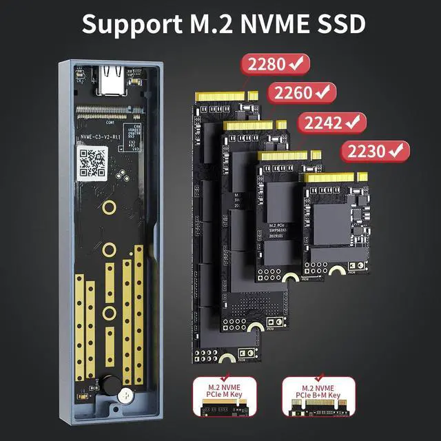 Alt view image 3 of 7 - SANZANG BY IDSONIX Aluminum M.2 NVMe SSD Enclosure External Hard Drive Case USB 3.1 Gen 2 10 Gbps High Transmission 4TB UASP&Trim Gray