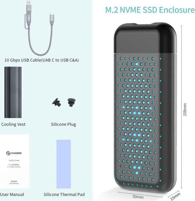 Alt view image 7 of 7 - PHIXERO RGB M.2 NVMe SSD Enclosure Reader USB 3.2 Gen 2 Type C 10Gbps High Speed Transmission External SSD Case M.2 Reader,Tool-Free,UASP,TRIM Black