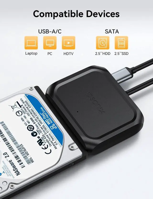Alt view image 2 of 5 - IDsonix USB 3.0 to 3.5'' SATA III Hard Drive Adapter Cable SATA to Type A USB A 3.0 Converter SATA HDD SSD Hard Drive Disk Adapter Cable USB Converter 30cm Cable Black + US Power Supply