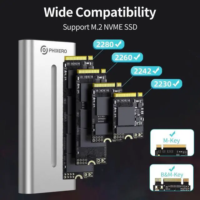 Alt view image 4 of 7 - PHIXERO NVMe Enclosure, M.2 Enclosure with RGB, USB 3.2 Gen 2 [10Gbps ], Aluminum Alloy SSD Enclosure Support UASP Trim, Fits PCIe 2280/2260/2242/2230 M Key/B+M Key, up to 4TB (Silver)