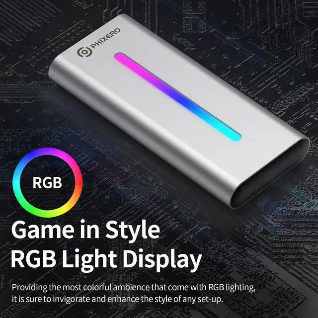 Alt view image 2 of 7 - PHIXERO NVMe Enclosure, M.2 Enclosure with RGB, USB 3.2 Gen 2 [10Gbps ], Aluminum Alloy SSD Enclosure Support UASP Trim, Fits PCIe 2280/2260/2242/2230 M Key/B+M Key, up to 4TB (Silver)