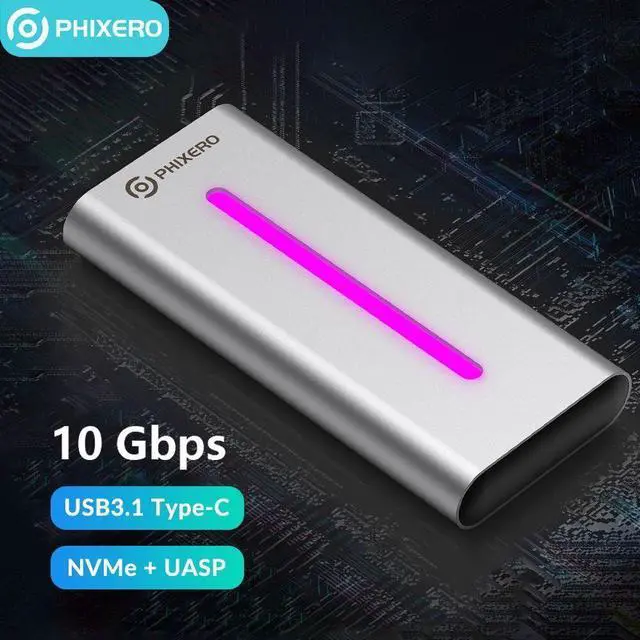 Main image of PHIXERO NVMe Enclosure, M.2 Enclosure with RGB, USB 3.2 Gen 2 [10Gbps ], Aluminum Alloy SSD Enclosure Support UASP Trim, Fits PCIe 2280/2260/2242/2230 M Key/B+M Key, up to 4TB (Silver)