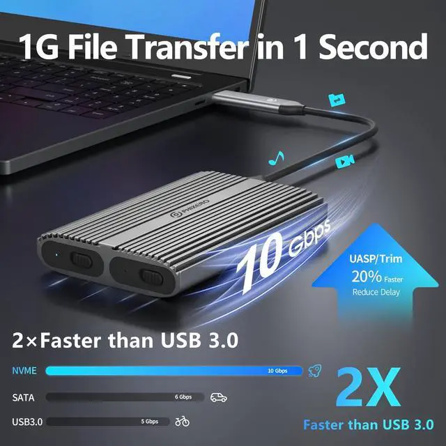 Alt view image 2 of 7 - PHIXERO Dual M.2 NVMe SSD Enclosure USB3.1 Gen 2 USB C to M.2 Adapter 10Gbps Aluminum SSD Enclosure for M.2 PCIe NVMe M-Key 2280/2260/2242/2230 SSD