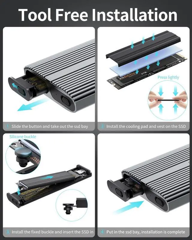 Alt view image 6 of 7 - PHIXERO Dual M.2 NVMe SSD Enclosure USB3.1 Gen 2 USB C to M.2 Adapter 10Gbps Aluminum SSD Enclosure for M.2 PCIe NVMe M-Key 2280/2260/2242/2230 SSD