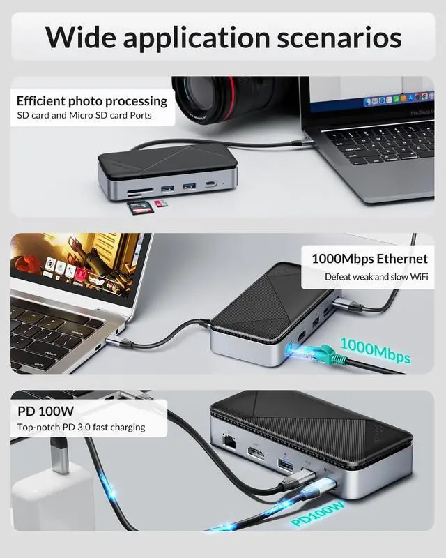 Alt view image 5 of 7 - 10-in-1 USB C Hub with M.2 SSD Enclosure Docking Station, PD 100W, 10Gbps NVMe Sata Enclosure, 10Gbps USB C/A Ports, 2*5Gbps USB A Ports, 4K@60HZ HDMI, 1000Mbps Ethernet, SD/TF Card Reader