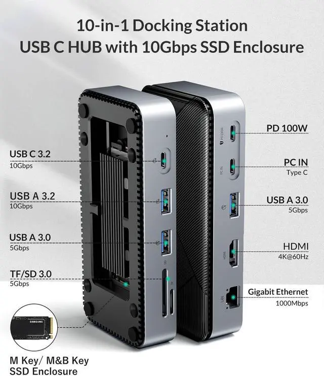 Alt view image 2 of 7 - 10-in-1 USB C Hub with M.2 SSD Enclosure Docking Station, PD 100W, 10Gbps NVMe Sata Enclosure, 10Gbps USB C/A Ports, 2*5Gbps USB A Ports, 4K@60HZ HDMI, 1000Mbps Ethernet, SD/TF Card Reader