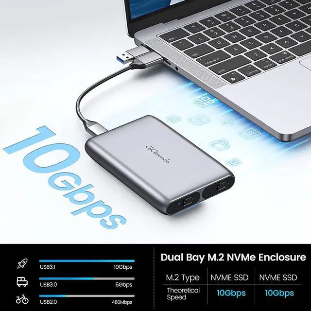 Alt view image 2 of 7 - Gigimundo by iDsonix Dual NVMe Enclosure USB C, Heavy Duty, Sleak Aluminum, USB3.2 Gen2 10Gbps Type C, Tool Free Dual NVMe SSD Enclosure for M/B+M Key, Fits 2230/2242/2260/2280 SSDs Gray
