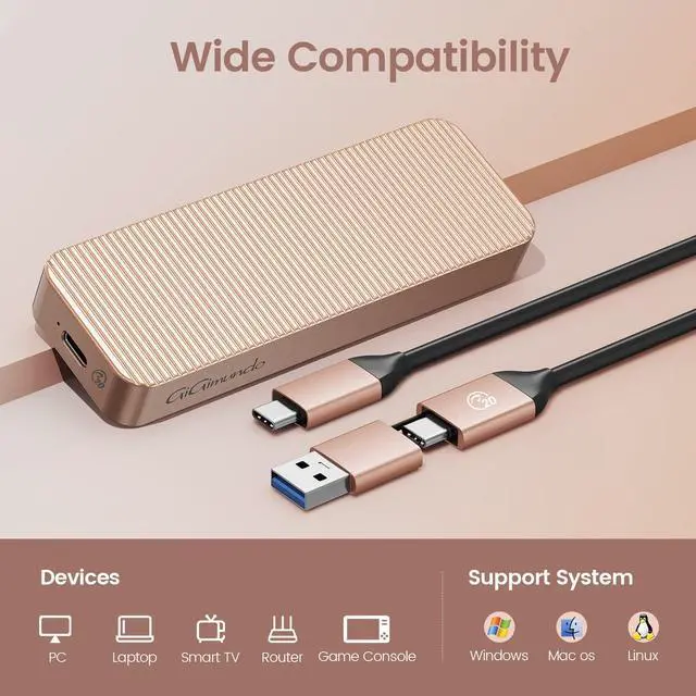 Alt view image 2 of 7 - Gigimundo by iDsonix USB 3.2 Gen 2x2 Aluminum M.2 NVMe SSD Enclosure - 20Gbps Speed, UASP Trim Supported, Up to 4TB Capacity, Fits NVMe PCIe(M-Key/B+M Key) - Sizes 2230/2242/2260/2280 - Rose Gold