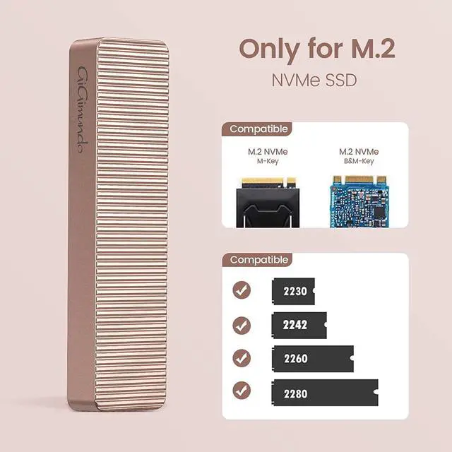 Alt view image 4 of 7 - Gigimundo by iDsonix USB 3.2 Gen 2x2 Aluminum M.2 NVMe SSD Enclosure - 20Gbps Speed, UASP Trim Supported, Up to 4TB Capacity, Fits NVMe PCIe(M-Key/B+M Key) - Sizes 2230/2242/2260/2280 - Rose Gold