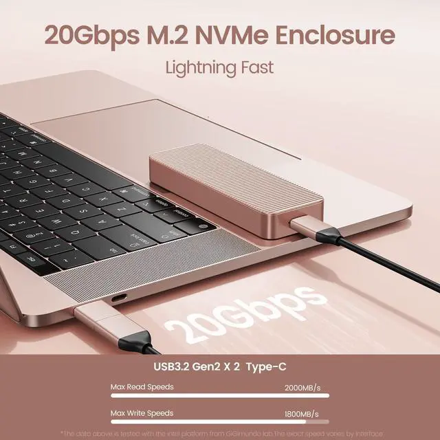 Alt view image 3 of 7 - Gigimundo by iDsonix USB 3.2 Gen 2x2 Aluminum M.2 NVMe SSD Enclosure - 20Gbps Speed, UASP Trim Supported, Up to 4TB Capacity, Fits NVMe PCIe(M-Key/B+M Key) - Sizes 2230/2242/2260/2280 - Rose Gold