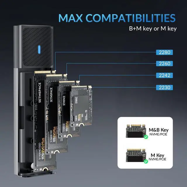 Alt view image 3 of 7 - SETMSPACE by iDsonix M.2 NVMe SSD Enclosure Tool-Free USB C 10Gbps SSD Enclosure Support UASP Trim, Aluminum NVMe Enclosure with USB C to C Cable , for NVMe SSDS PCIe B&M-Key/M-Key 2230/2242/2260/2280
