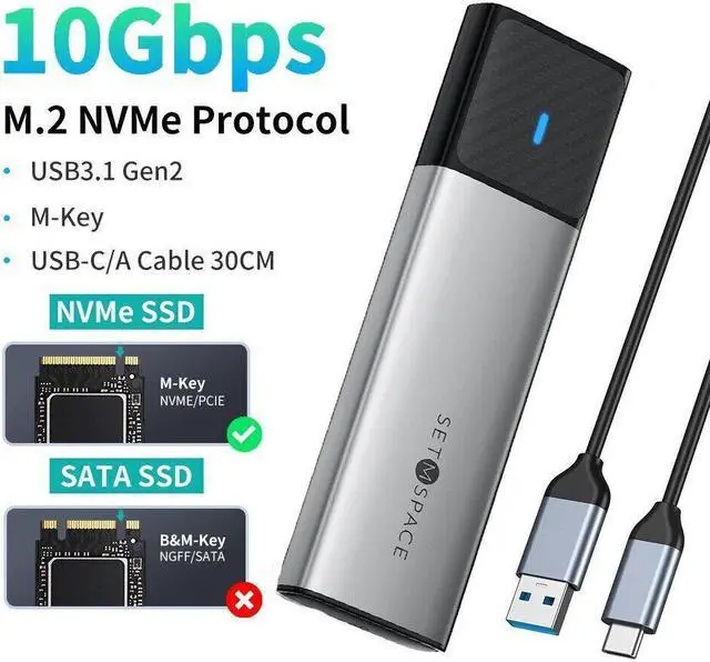Main image of SETMSPACE by iDsonix SSD Enclosure Tool-Free, M.2 NVME SSD Enclosure USB C 10Gbps, Aluminum NVME Enclosure PCIe M-Key to USB C, External M.2 Enclosure Only for NVME SSDs 2230/2242/2260/2280 USB C to A
