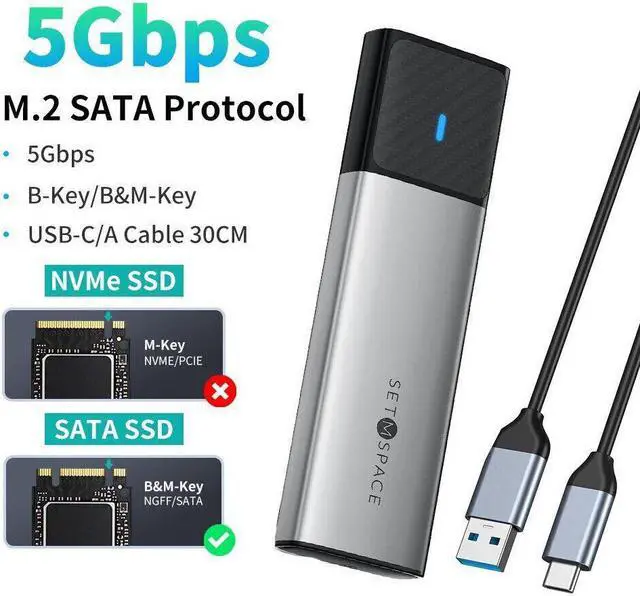 Main image of SETMSPACE by iDsonix M.2 SATA SSD Enclosure 5Gbps for B-Key/B+M-Key SATA NGFF SSD for SSD Size 2230/2242/2260/2280 M.2 NGFF SSD Case USB C to A Cable
