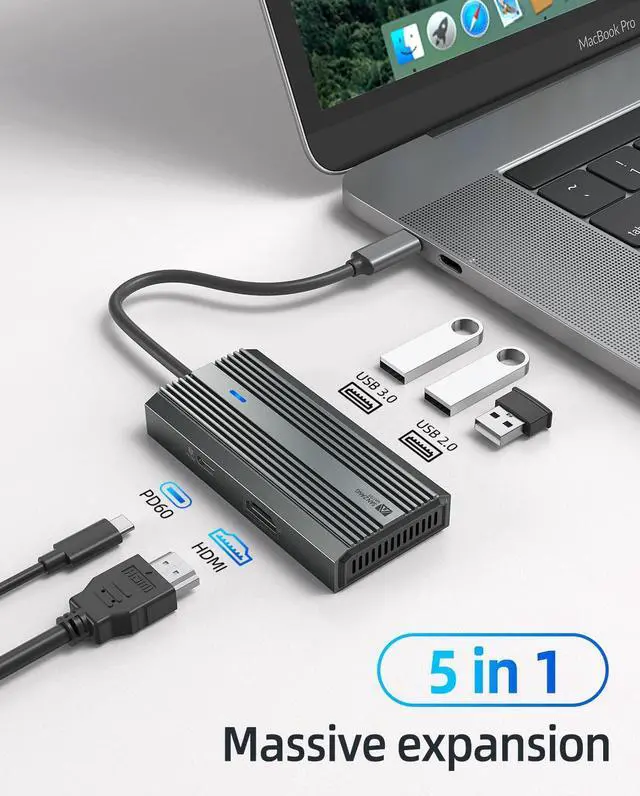 Alt view image 2 of 7 - SANZANG by iDsonix 5 in 1 USB C Hub, 4k USB C to HDMI Adapter, 5Gbps USB 3.0 High Speed, 2 x 480Mbps USB Ports, Type-C 60W Fast Charging for MacBook Gray