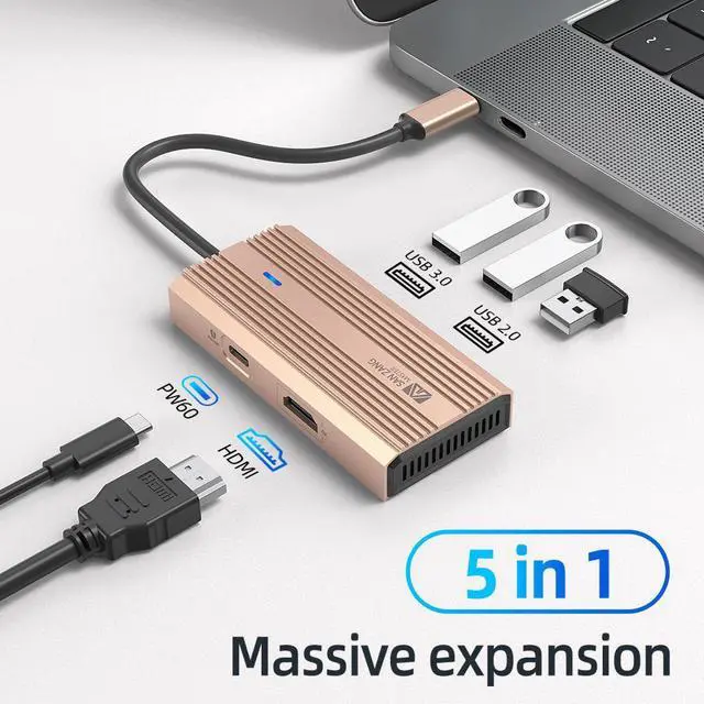 Alt view image 2 of 7 - SANZANG by iDsonix 5 in 1 USB C Hub, 4k USB C to HDMI Adapter, 5Gbps USB 3.0 High Speed, 2 x 480Mbps USB Ports, Type-C 60W Fast Charging for MacBook Rose Gold