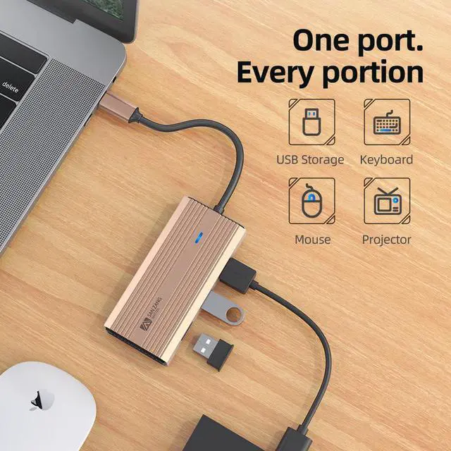 Alt view image 3 of 7 - SANZANG by iDsonix 5 in 1 USB C Hub, 4k USB C to HDMI Adapter, 5Gbps USB 3.0 High Speed, 2 x 480Mbps USB Ports, Type-C 60W Fast Charging for MacBook Rose Gold