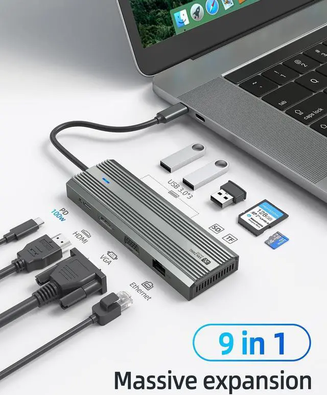 Alt view image 2 of 7 - SANZANG by iDsonix 9 in 1 USB C Hub, USB C to HDMI Adapter,Military Grade Chip Tested, USB C Hub Ethernet,100W PD Charging, 5Gbps USB 3.0 High Speed for MacBook Gray