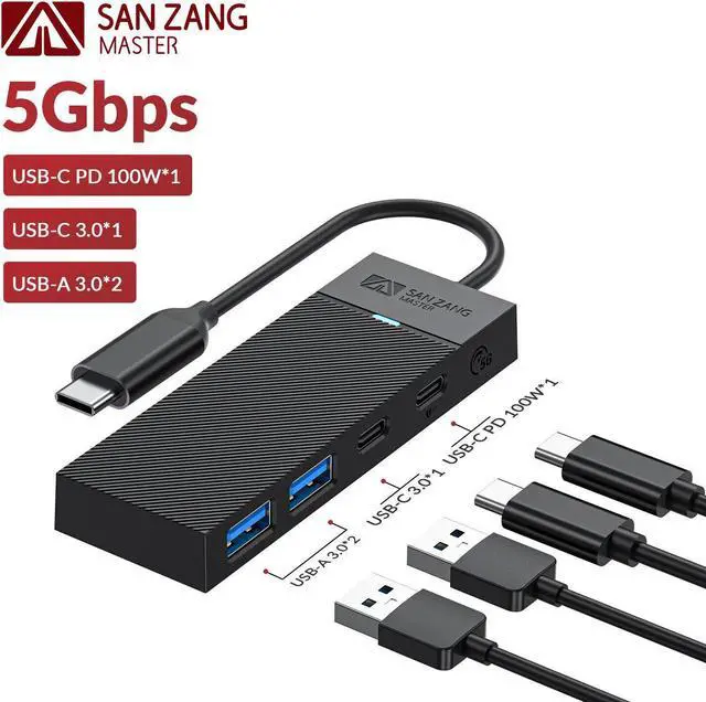 Main image of SANZANG by iDsonix 4-Port USB 3.0 Hub 5Gbps USB C PD100W Compact for PC Mac Laptop Notebook Desktop ,USB-A 3.0*2,USB-C 3.0*1,USB-C PD 100W*1